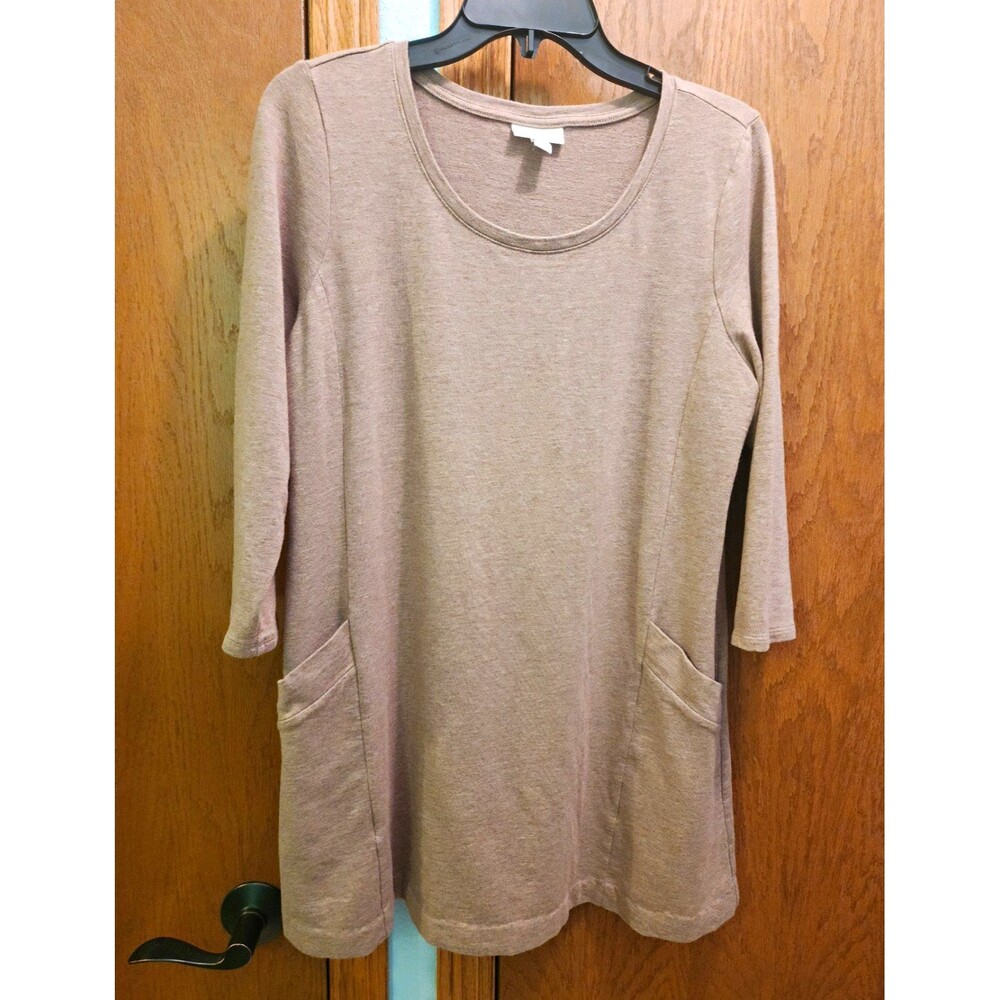 Pure Jill J Jill Tan Heathered Knit Tunic Top Pockets Medium M 3/4 Sleeve